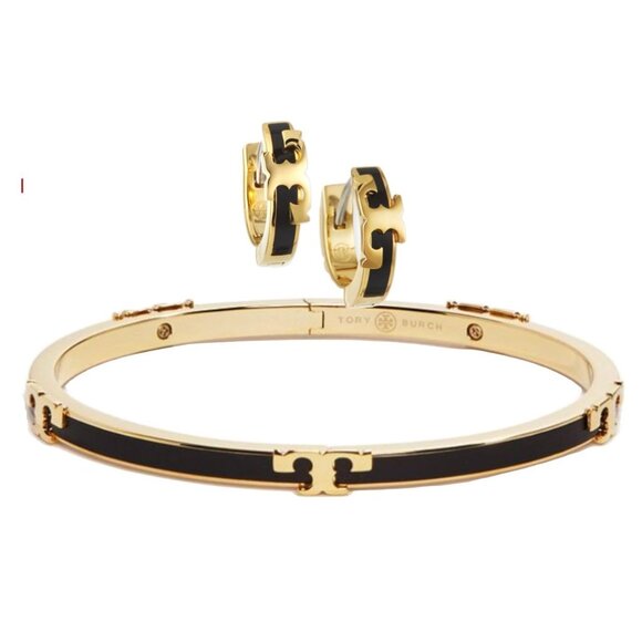 Tory Burch Black & Gold Enamel Serif Bangle Bracelet - Picture 1 of 9